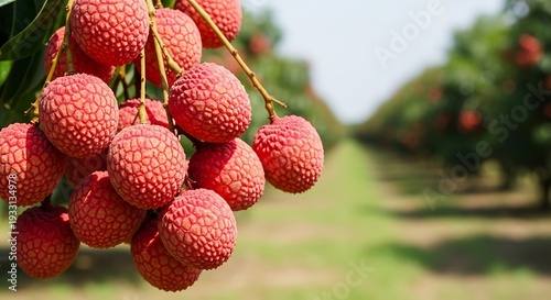 Fresh lychee fruits hanging from tree in orchard with green grass
