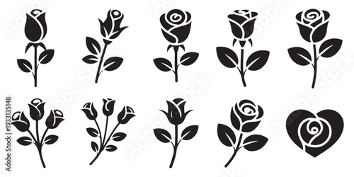 Vector Rose Flower Icons - Black Floral Silhouettes for Graphic Design