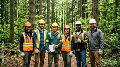 Forestry team smiles for a photo in a lush woodland setting.