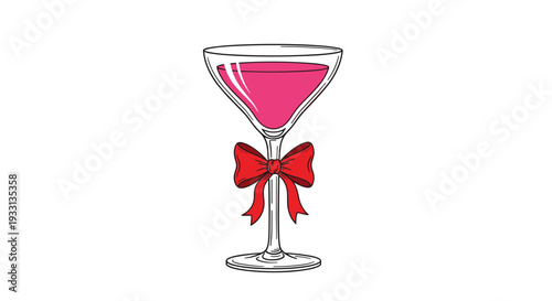 Pink cocktail in a martini glass with a red bow.
