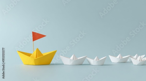 Leadership by Example: A dynamic composition featuring a paper boat leading a fleet of others, a symbolic portrayal of guidance, initiative, and direction amidst a tranquil, light-blue backdrop.