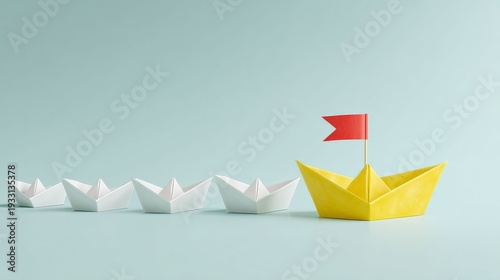 Leadership and Navigation: A single yellow paper boat, adorned with a red flag, leads a fleet of white paper boats, symbolizing guidance, direction, and the journey towards a common objective.