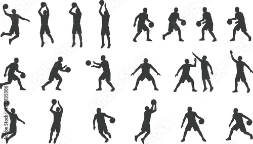 Collection of 20 basketball player silhouettes in dynamic poses including shooting, dribbling, passing, defending, and jumping for sports illustration, training, and creative design projects
