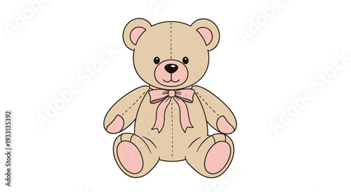Cute cartoon beige teddy bear with pink bow isolated on white background.