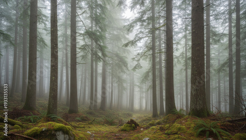 Foggy pine forest with tall trees