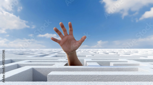 Human hand reaching out from inside a vast white geometric maze under a blue sky, mental health concept of feeling lost, trapped.