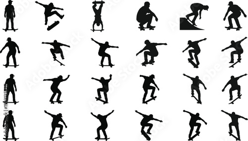 Collection of 25 skateboarder silhouettes performing tricks, stunts, and poses including ollies, flips, handstands, and balancing maneuvers for sports illustration and creative design projects
