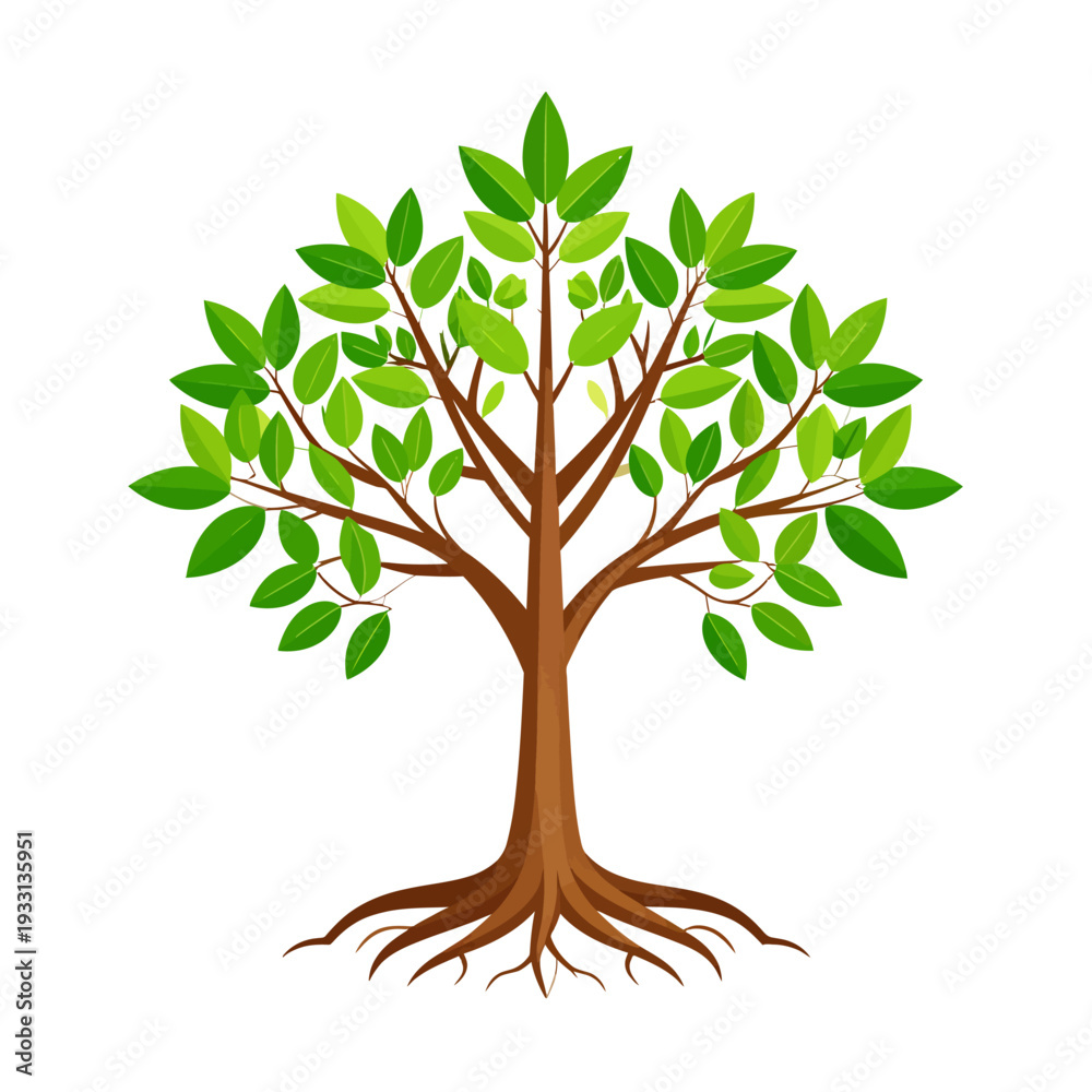 Fototapeta premium Illustrated tree showcasing a sturdy brown trunk, sprawling branches, vivid green leaves, and deep roots, viewed centrally against a clean white backdrop, highlighting natural calm