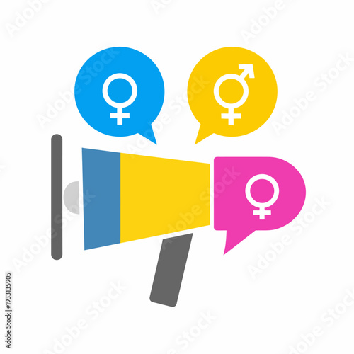 Dynamic illustration showing a central megaphone broadcasting gender equality messages through three colorful speechbubble icons, viewed from a front perspective against a clean white backdrop