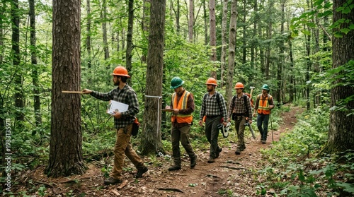 Forestry team surveys a woodland trail.