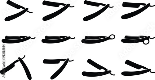 Collection of black silhouette icons straight razor barber tools vintage folding razors with open closed blades handles rings classic shaving equipment vector set for barbershop