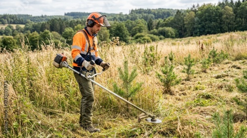 Worker cutting grass with a brush cutter in a field.