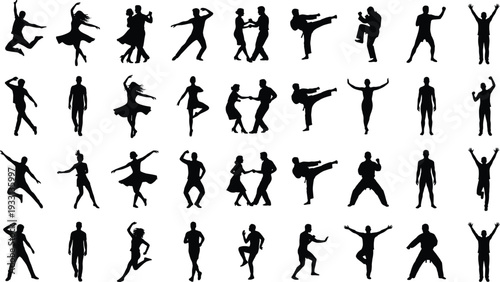 Collection of 40 human silhouettes in dynamic poses including dancing, martial arts, athletic stances, and partner movements for choreography, animation, and creative design projects