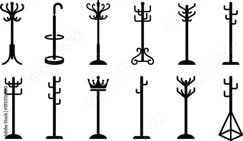 Collection of black silhouette icons vintage and modern freestanding coat racks hall trees umbrella stands with ornate hooks branches crown designs for entryway home decor vector set
