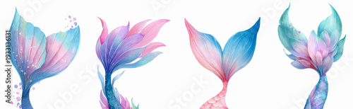 Set of watercolor mermaid tails featuring different intricate fin designs, scales, and soft pastel color gradients against a clean white background, creating a whimsical fantasy illustration