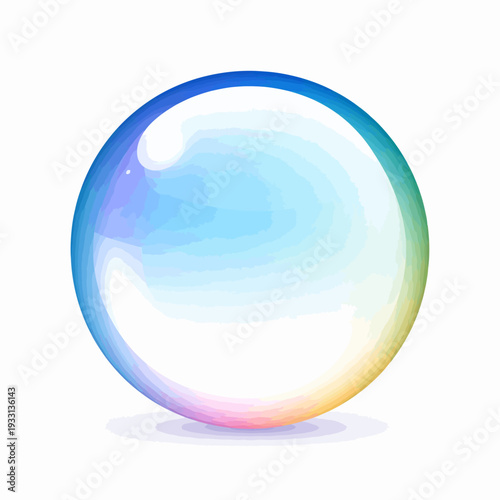 Capturing a radiant iridescent glass sphere suspended in a minimalist white studio, viewed from a frontal angle, showcasing vibrant reflections and color play for graphic illustration