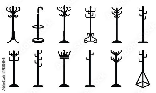 Collection of black silhouette icons vintage and modern freestanding coat racks hall trees umbrella stands with ornate hooks branches crown designs for entryway home decor vector set