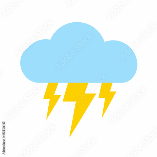 Dynamic cartoon illustration of a light blue cloud releasing three bright yellow lightning bolts, depicting a thunderstorm scene from a centered frontal viewpoint, minimalist white backdrop