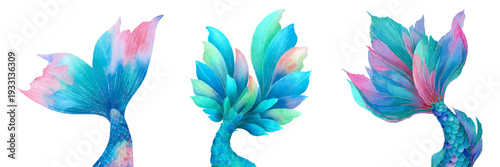 Three vibrant watercolor mermaid tails with iridescent scales, displaying beautiful aquatic fantasy designs and a mythical ocean creature concept on a white background