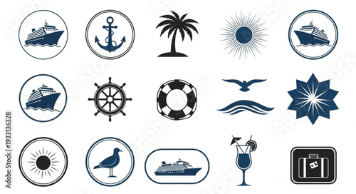 Collection of nautical and marine themed vintage stamps and icons for design.