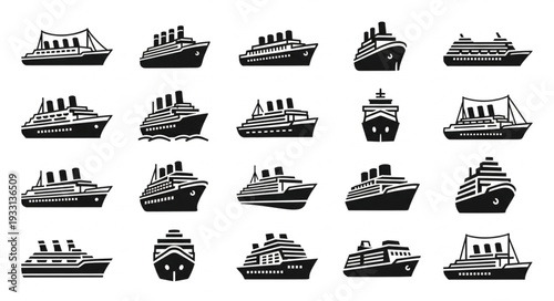 Collection of various cruise ship illustrations in black and white, perfect for design.