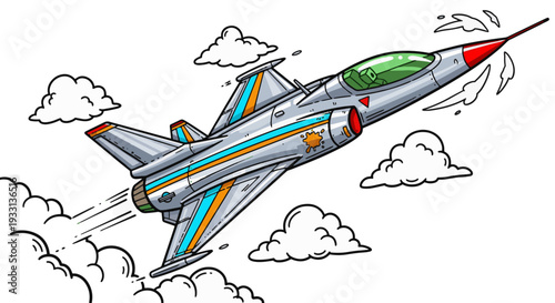 Vibrant cartoon fighter jet soaring through cloudy skies with dynamic motion lines