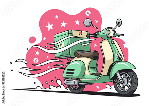 Vibrant scooter delivering packages in fast-paced city logistics