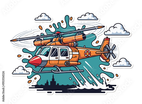 Vibrant orange rescue helicopter flying over city skyline with dramatic splash effect