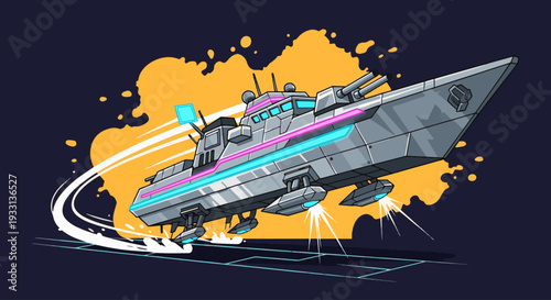 Futuristic spaceship hovering in air with vibrant neon lights