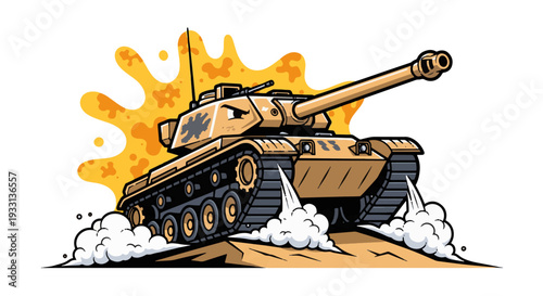 Powerful military tank in action with explosive background