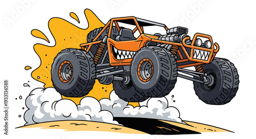 Vibrant orange monster truck jumping with aggressive sharp teeth and smoky tires