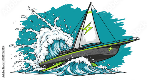 Speedboat racing through turbulent waves with dynamic green accents