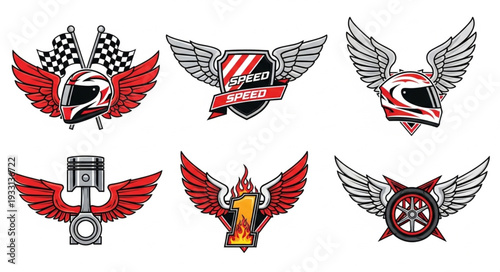 Racing emblems with wings, helmets, flags, and engine parts, a collection of speed symbols.