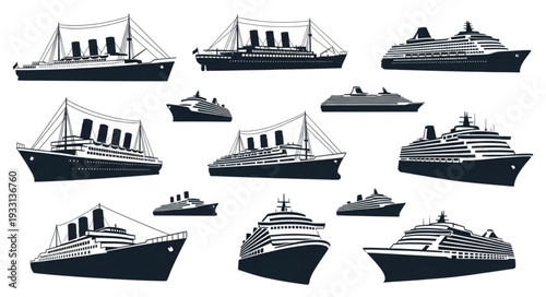 Collection of various cruise ships and ocean liners in silhouette style, isolated on white background.