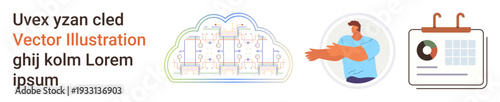 Cloud technology, personal growth, data analysis, teamwork, digital planning, business strategy. Cloud server, person in pose calendar chart icon. Cloud technology and personal growth