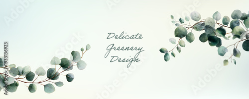 Eucalyptus leaves forming a decorative corner frame, providing an elegant watercolor banner design for invitations, branding, or wellness related visual content