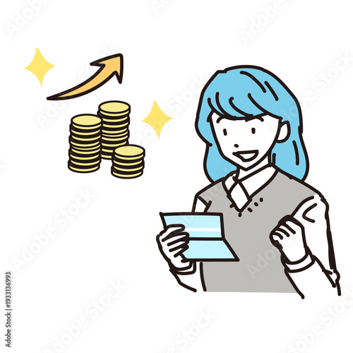 給料日に通帳を見て預金残高アップに喜ぶ女性