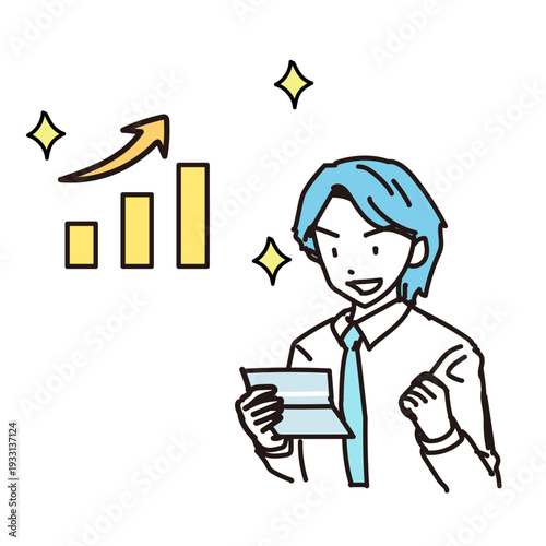 給料日に通帳を見て残高アップに喜ぶ男性