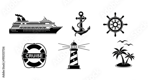 Cruise ship, anchor, helm, lifebuoy, lighthouse, and tropical island icons.