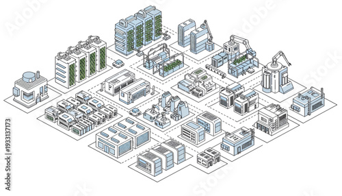 Isometric city block with diverse buildings and infrastructure.