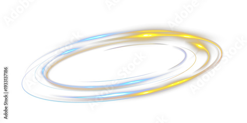 Blue and gold glowing light ring with dynamic neon trails, abstract luminous swirl isolated on black background.
