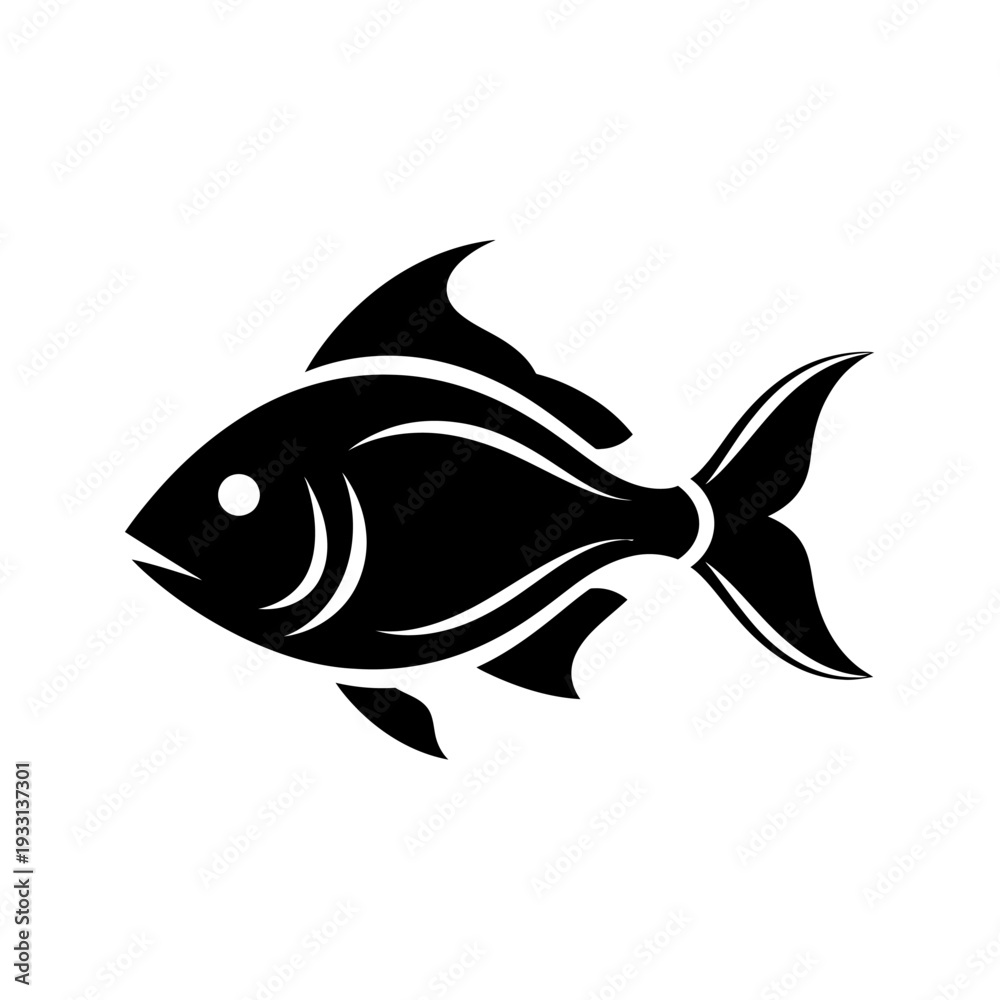 Obraz premium Black silhouette of a stylized fish swimming, isolated on a white background.