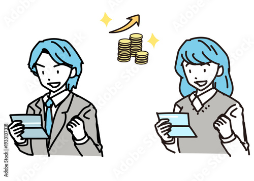 給料日に通帳を見て喜ぶ男女セット