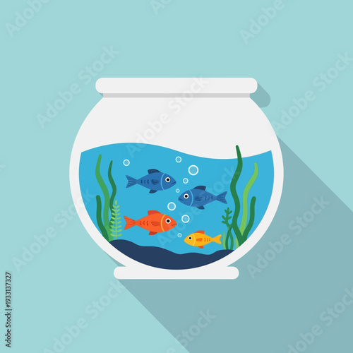 Colorful Fish Swimming in a Round Aquarium with Aquatic Plants and Bubbles