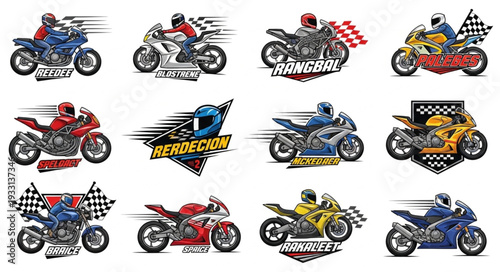 Motorcycle racing illustrations showcasing speed, competition, and dynamic action with riders and checkered flags.