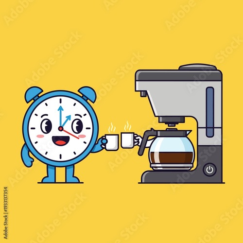Cute alarm clock character enjoying coffee from a coffee maker