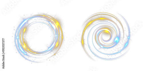 Blue and golden glowing circular light rings with spiral energy vortex and sparkling particles, abstract luminous motion effect isolated on black background.
