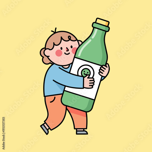 Cute cartoon character hugging a large green bottle with a happy face label