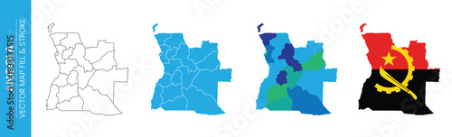 Angola map variations showing outline, filled, colored regions, and flag