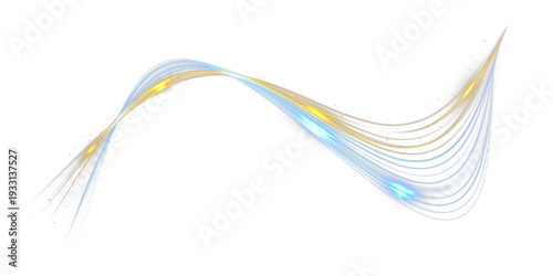 Blue and golden glowing curved light wave with dynamic energy flow and sparkling particles, abstract luminous motion trail isolated on black background.
